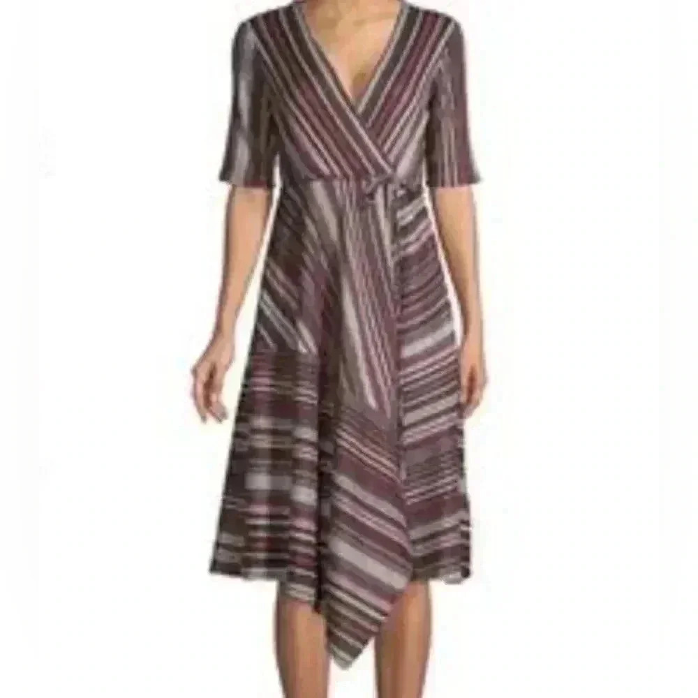 Gaby Skye Asmetrical Stripe Boho Retro sz 6 High & Low Wrap Neck Belted Dress